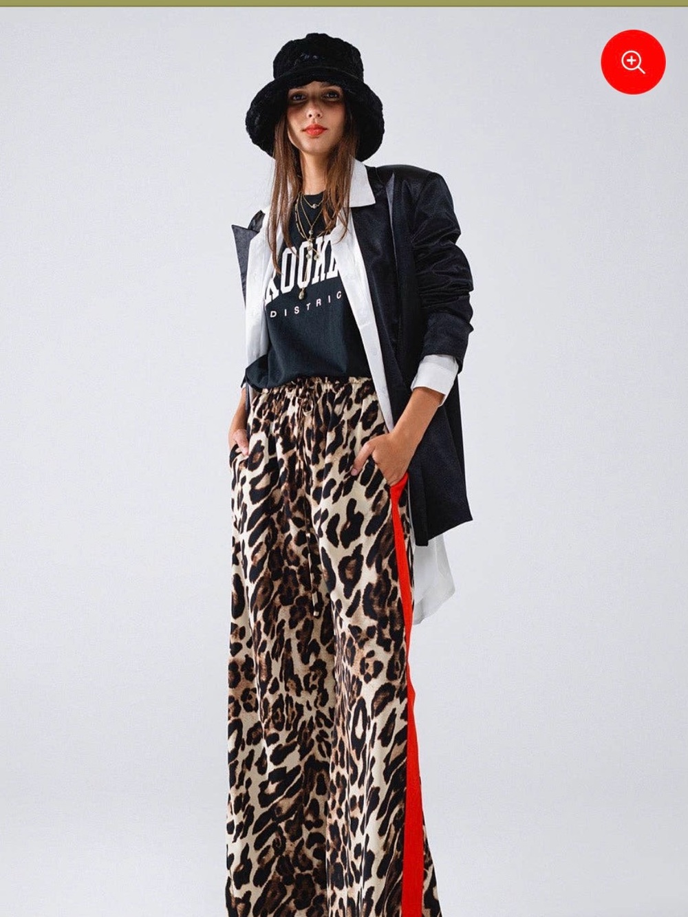 Leopard Print Wide Leg Pants with Red Stripe